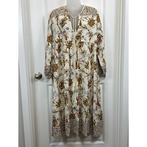 R.Vivimos Womens 2XL Boho Floral Paisley Midi Dress Tassel Tie Cream Peasant XXL